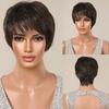 Kurze synthetische Perücken im Pixie-Schnitt, braun, natürlich, gerade, geschichtete Perücke für Frauen, Haarperücke für den täglichen Gebrauch, mit flauschigem Pony, hitzebeständig