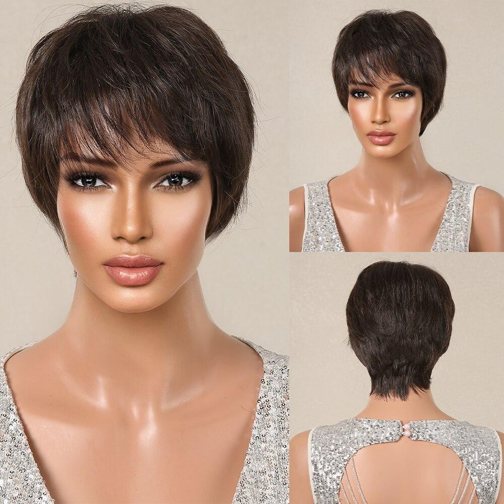 Kurze synthetische Perücken im Pixie-Schnitt, braun, natürlich, gerade, geschichtete Perücke für Frauen, Haarperücke für den täglichen Gebrauch, mit flauschigem Pony, hitzebeständig