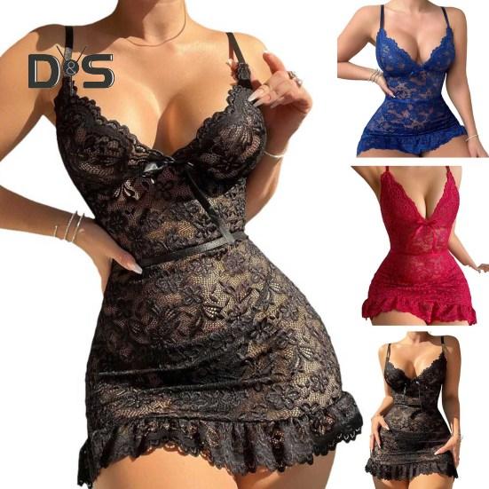Dámská noční košile s výstřihem do V květinová výšivka bez rukávů Slim Fit noční košile s volánky Průhledná svůdná noční košile do ložnice