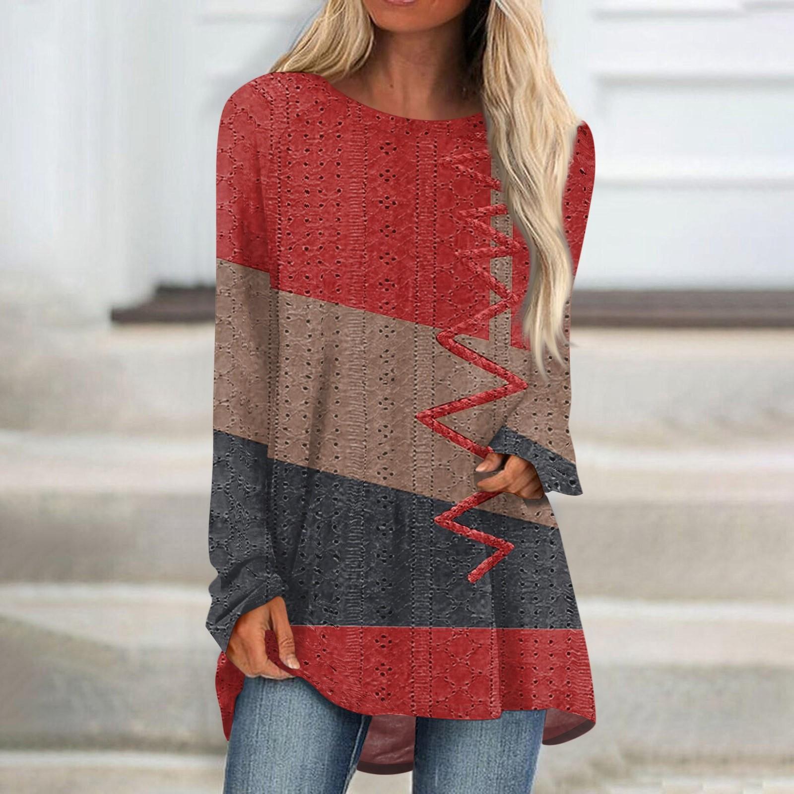 

Womens Tops Round Neck Long Sleeve Blouses Casual Mid-length Shirts Fashion Print Tunic Tops M винний