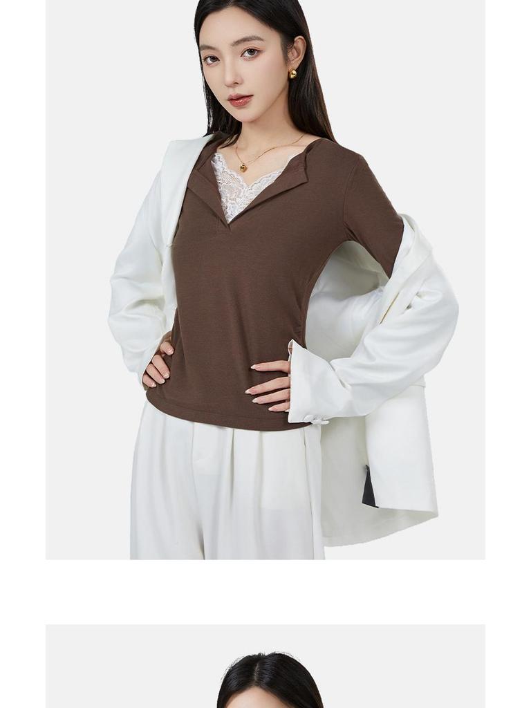 Antibacterial Women's Heated V-Neck Slimming Lace Patchwork Wool Long Sleeve T-Shirt