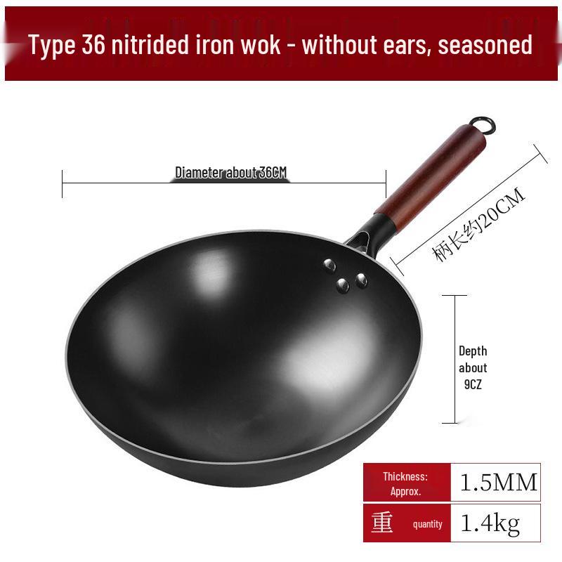Nitrided Iron Non-Stick Rust-Proof Wok - Forged, No Coating, Round Bottom.