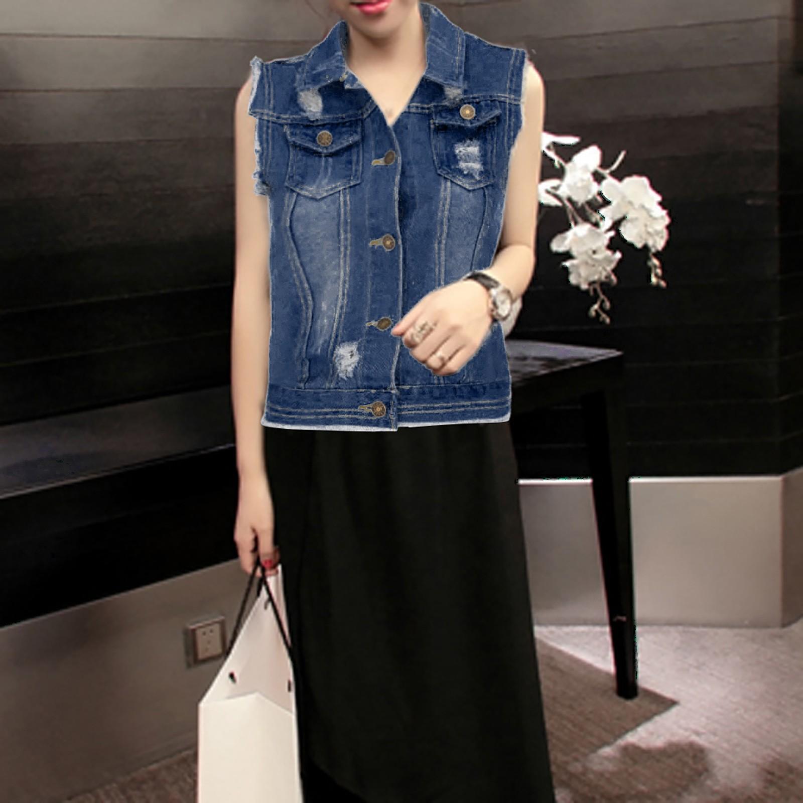 

Fashion Women Plus Size Sleeveless Buttons Short Denim Vest Outwear Cowboy Top