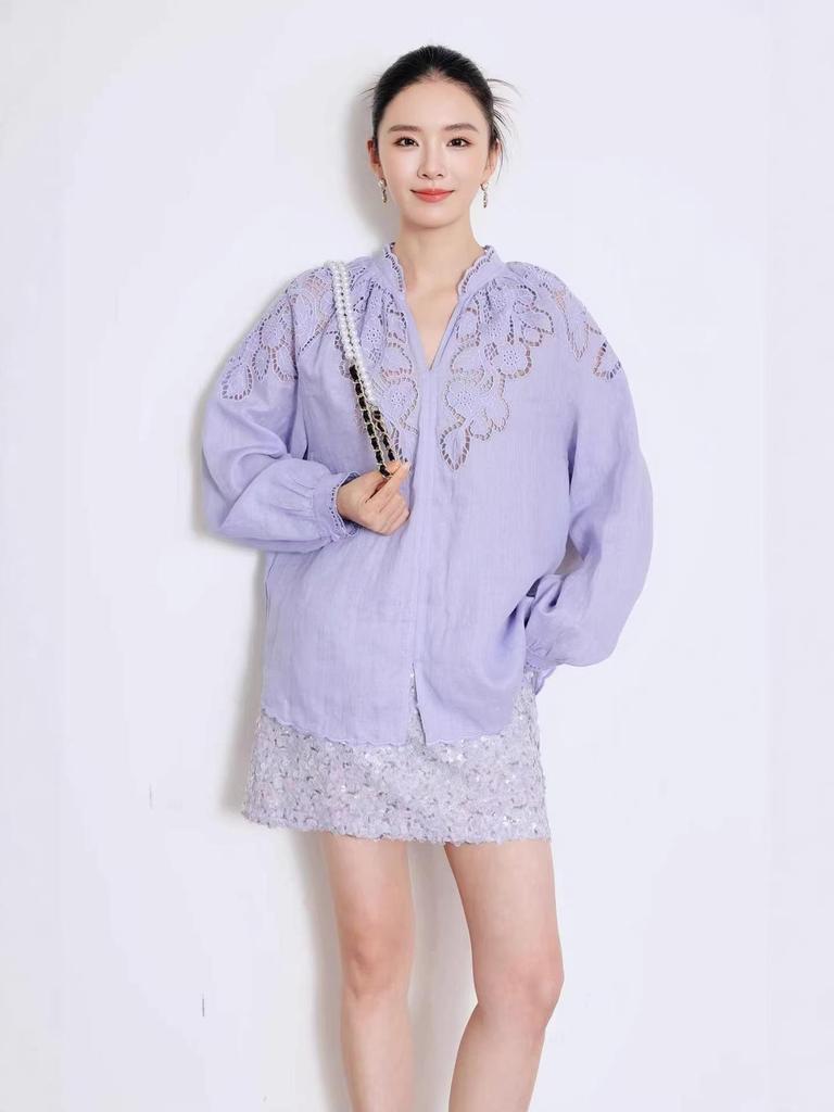 Nanyou 2026 Spring French Style Lace Embroidered Loose Shirt