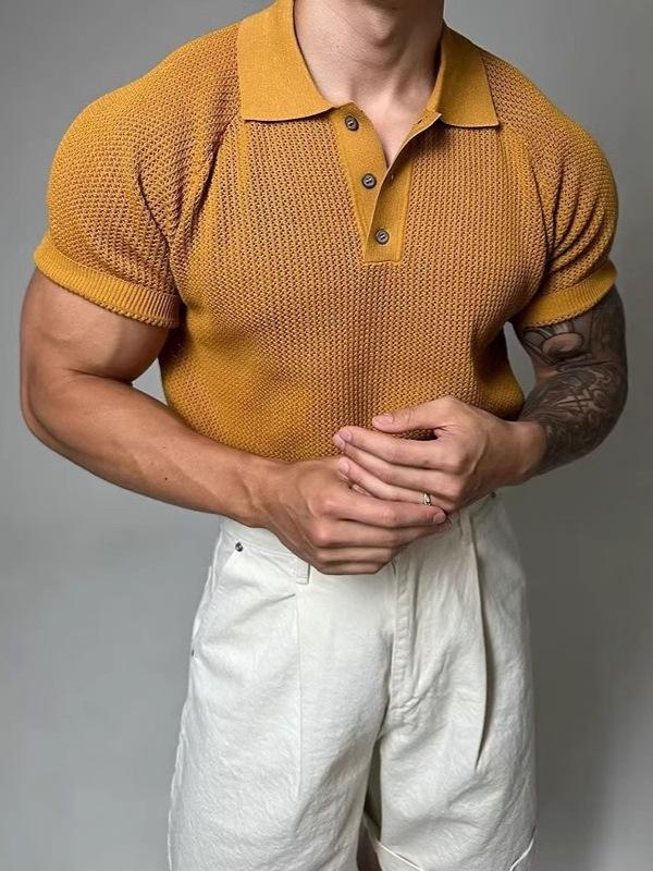 Men's Summer Honeycomb Texture Knitted Polo Shirt with Turn-Down Collar - Breathable Casual Short Sleeve Top