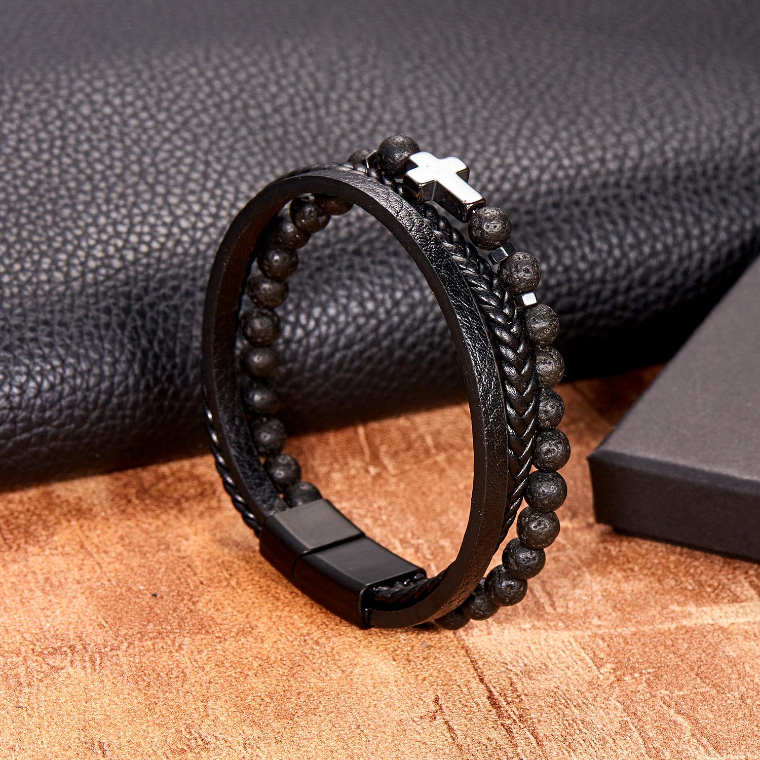 

Браслет из натурального камня и кожи: Обсидиан, Вулканическая порода, Многослойный крестообразный дизайн