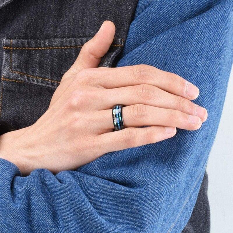Fashion 8mm Rose Gold Tungsten Wedding Men Stainless Steel Rings Inlay Abalone Shell Blue Opal Rings Men Wedding Band Jewelry