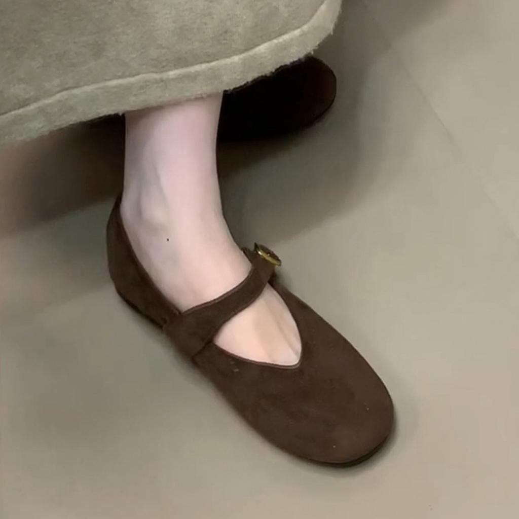 French Vintage Suede Mary Jane Shoes Women's New Flat Buckle Strap Flat Round Toe Ballet Shoes