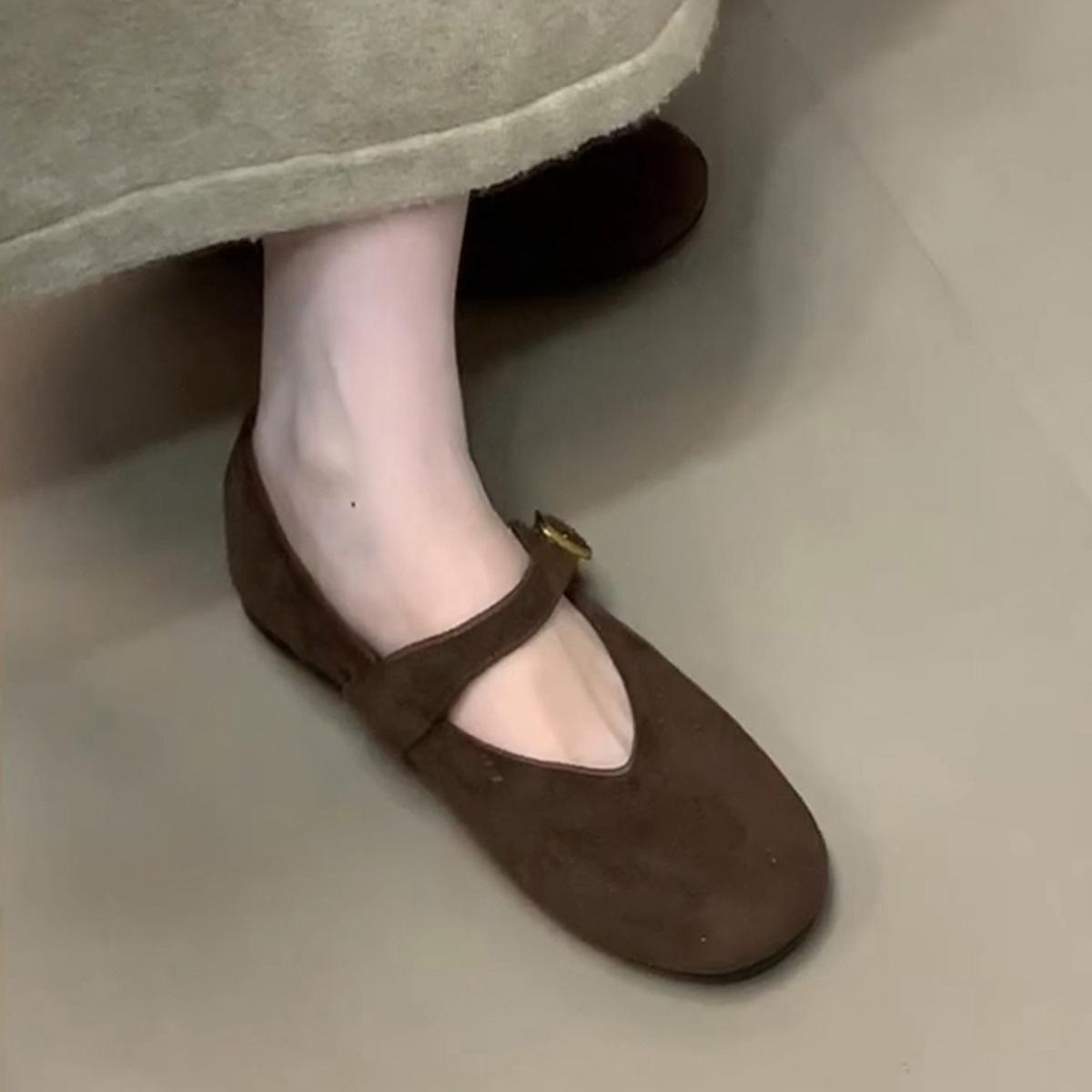 

French vintage suede Mary Jane shoes women s new flat buckle strap flat round toe ballet shoes 40 коричневый