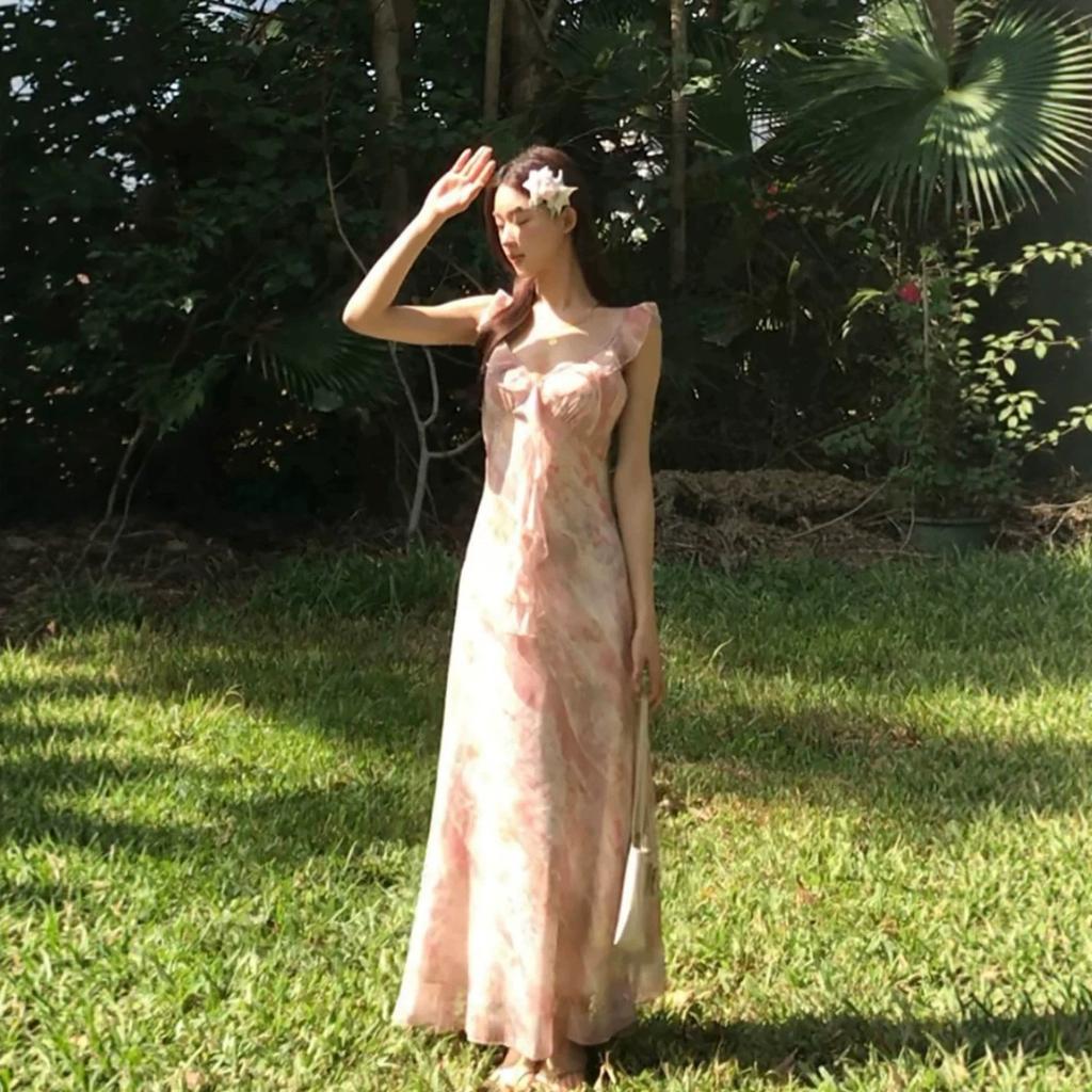 French Style Elegant V-neck Print Dress Women's Summer Long Dress Pink Waist Thin Sweet Temperament Dress Women