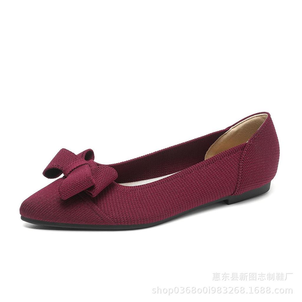 Punta Appuntita Bocca Bassa Tessuto Fondo Piatto Donna Fiocco Lavorato a Maglia Fondo Morbido Scarpe Grandi Taglia 34-43