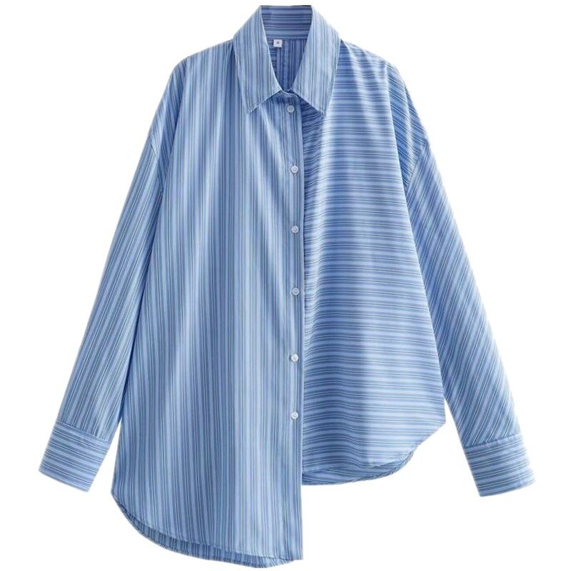 

Модный стиль Осень и Зима Новое поступление Женская одежда Стройнящая Повседневная Лоскутная Полоска Асимметричная Свободная Рубашка 8532114 044 Blue L