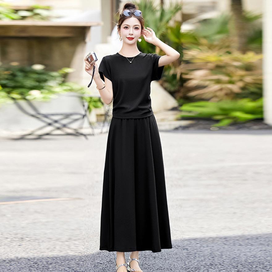 

Дизайн Ленивый Ветер Футболка с Круглым Вырезом и Короткими Рукавами Комплект Юбки Летняя Талия Облегающая Юбка из Двух Частей XXL чёрный