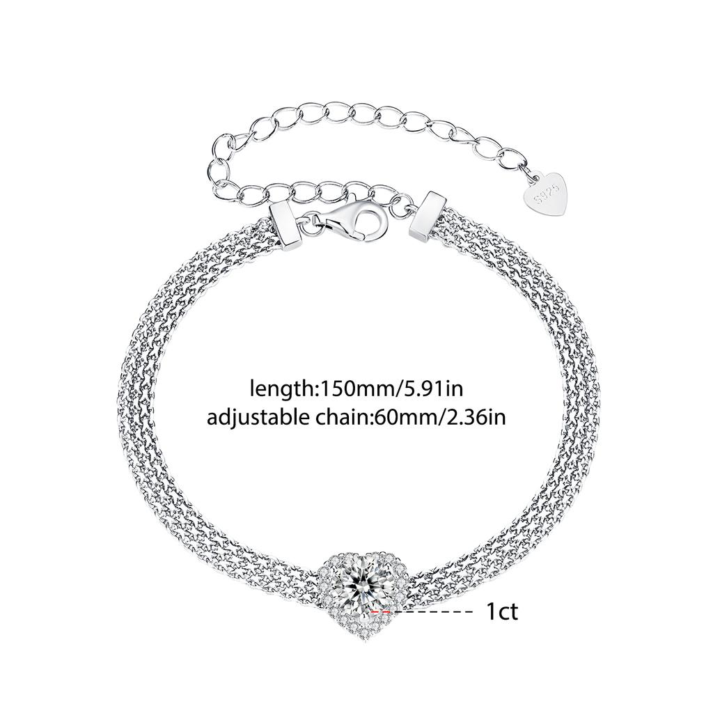 WOSTU 1 CT Sparkling Moissanite Heart Bracelet For Women 925 Silver Lab Diamond moissanite Star Flat wide chain Links