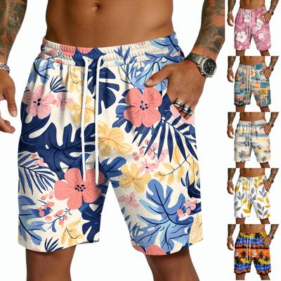 Men's Casual Drawstring Shorts Lightweight Quick-Dry Five-Point Length Beachwear Hawaiian Printed Summer Pants