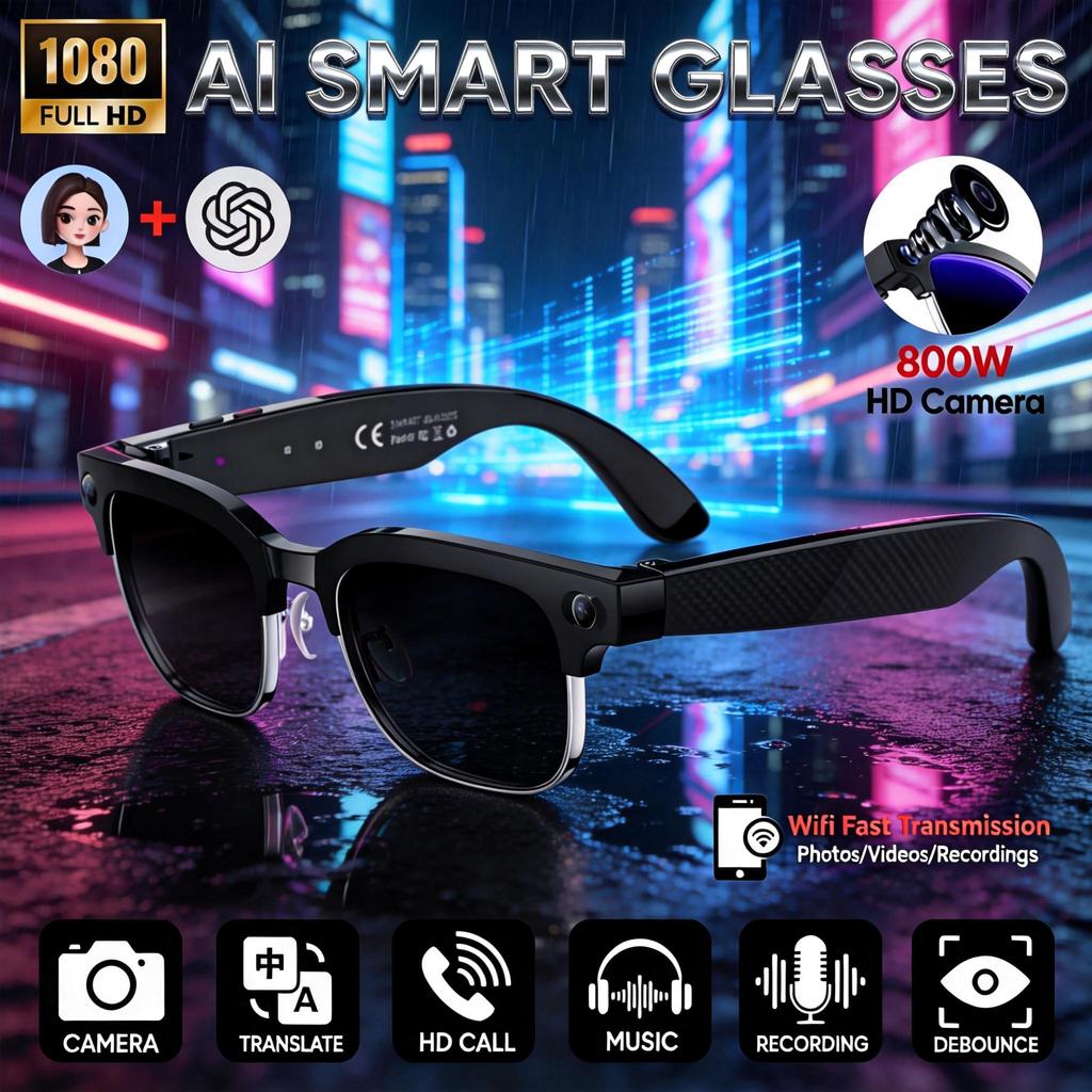 New AI Smart Glasses 1080P HD Camera Chat GPT 32GB Memory 144+Translation BT Call Music Video Smart Glasses For Men Women