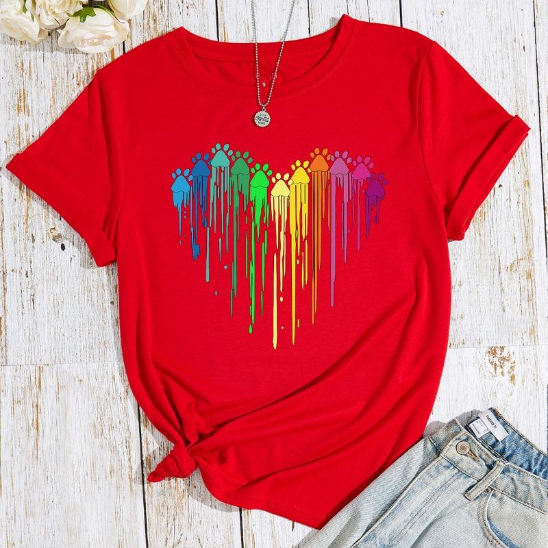 Summer Women's Printed Color Heart-shaped Loose Cotton Plus Size Round Neck Short Sleeved T-Shirts Women’s