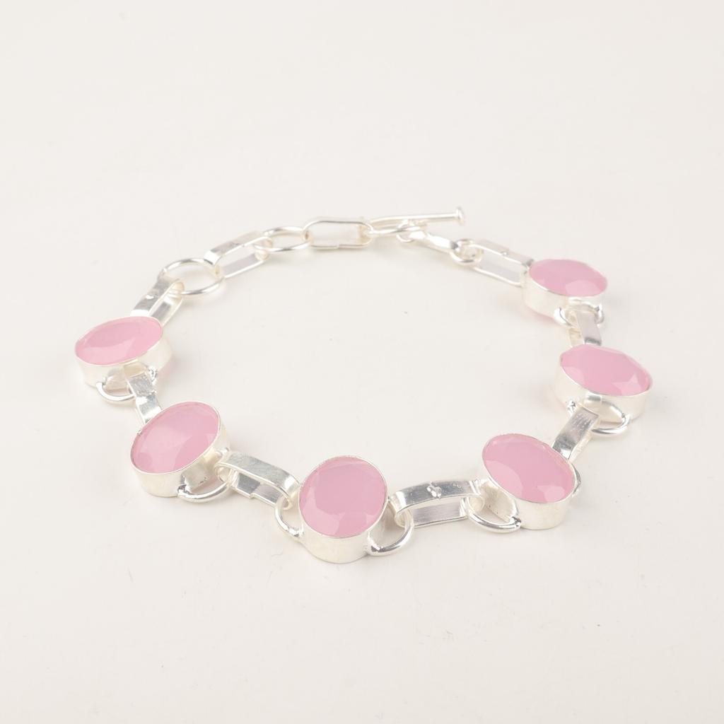 Women's Gift Rose Chalcedony Gemstone 925 Sterling Silver Jewelry Bracelet 9" RB-6-7