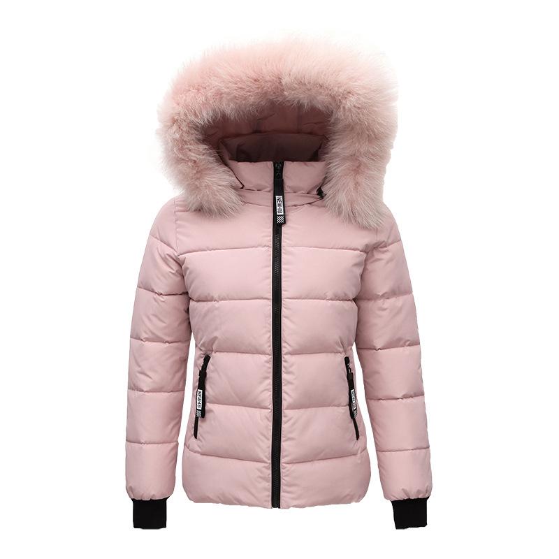 Women's Winter Short Cotton Jacket with Fur Collar - Slim Fit and Thickened for Warmth