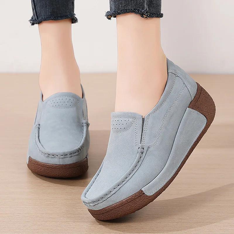 Women Genuine Leather Shoes Platform Flats Loafers Slip On Korean Plus Size 42 Female Vulcanized Shoes Casual Comfort Mom Shoes