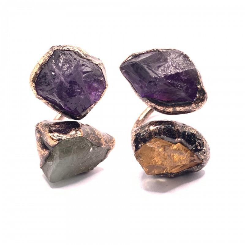 Handcrafted Adjustable Open Ring With Natural Amethyst Citrine Green Fluorite Vintage Boho Statement Jewelry Women