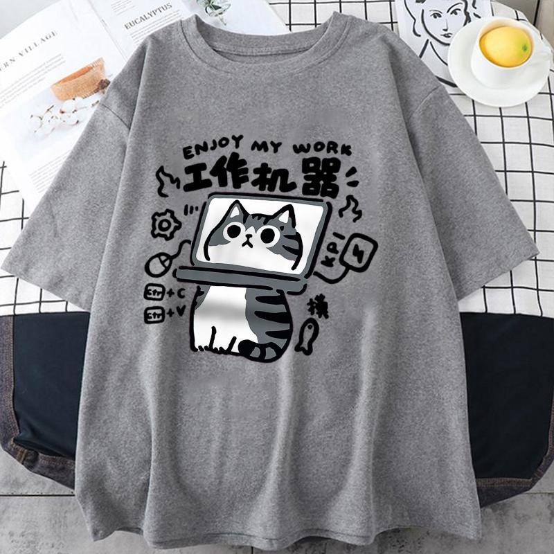 Fun Tool Cat Print Japanese Style T-Shirts Men Women Breathable Clothing Summer Cotton Tshirt Hip Hop Loose Oversized T-Shirt