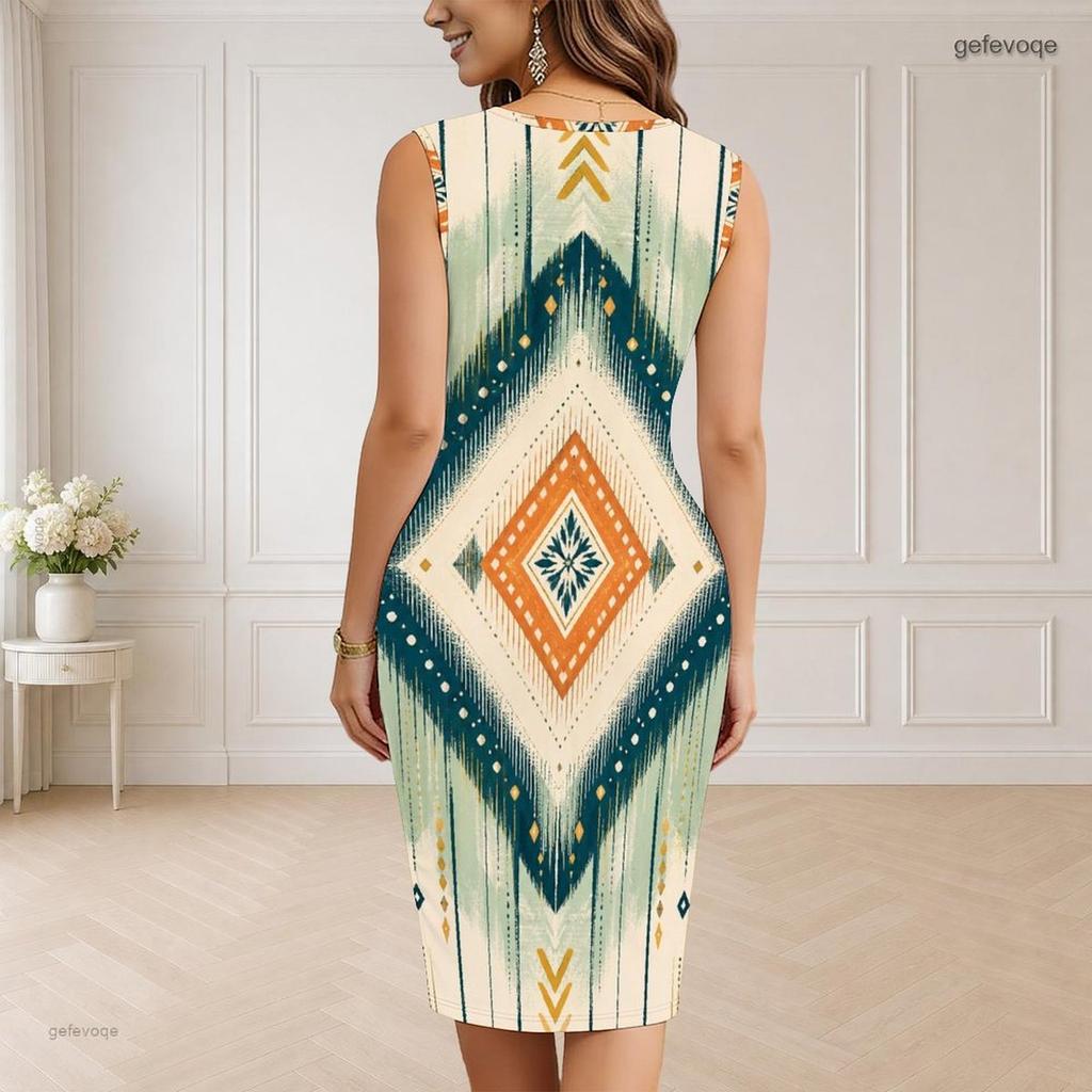 Women s Plus Size V Neck Sleeveless Printed Bodycon Midi Dress