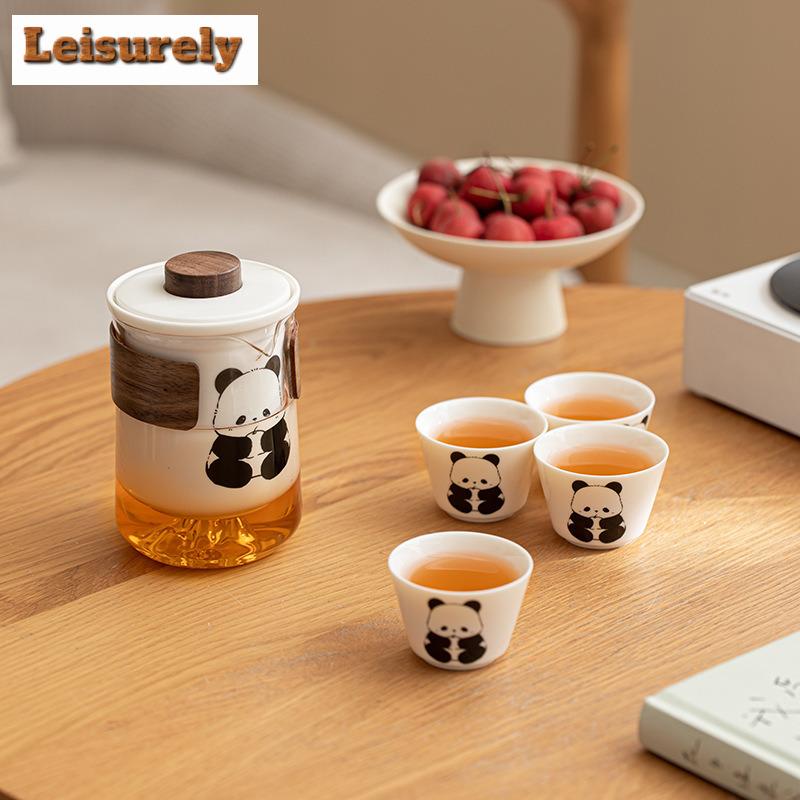 Cute Panda Mutton Fat Jade Travel Tea Set Kit Japanese 1 Pot 4 Cups Tea Maker Organizer Portable Camping Tote Bag Accessories