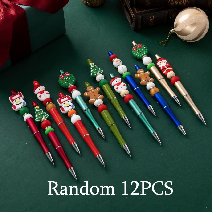 

12PCS Red Green Christmas Bead Ballpoint Pen, Santa Claus Snowman Pine Tree Rotating Black Pen,Student Writing Stationery Office Signature Pen Supplie Random style