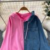 Womens Casual Two-Piece Set: Hooded Color-Block Top High-Waisted Wide-Leg Denim Pants 2025