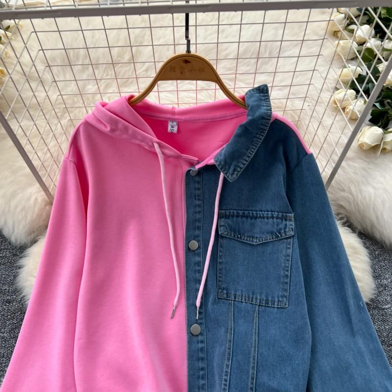 Womens Casual Two-Piece Set: Hooded Color-Block Top High-Waisted Wide-Leg Denim Pants 2025