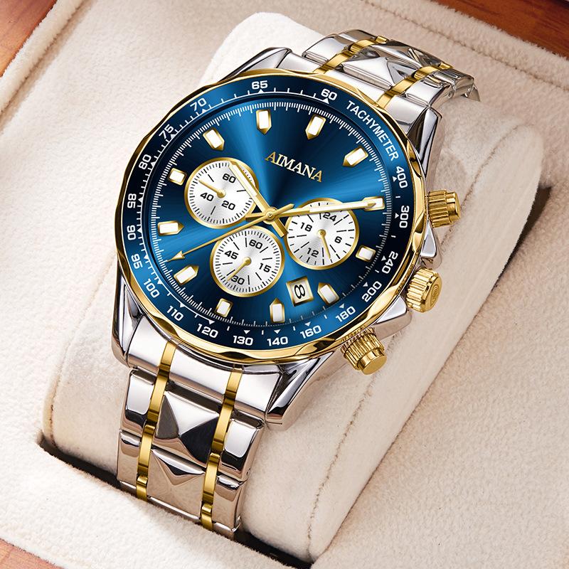 Men's Chronograph Quartz Watch Calendar Waterproof Luminous Stainless Steel Strap Luxury Wrist Watch for Men