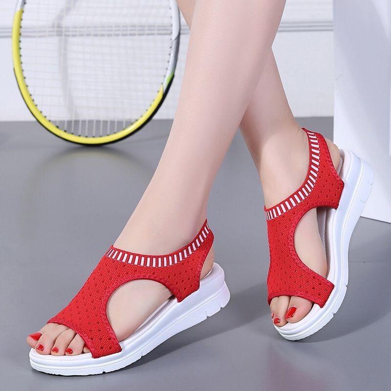 Fish mouth sandals women's wish new large size knitted flat sandals women's summer new beach sandals side trade shoes