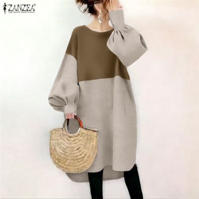 Women Casual Round Neck Long Sleeve Loose Patchwork Dress