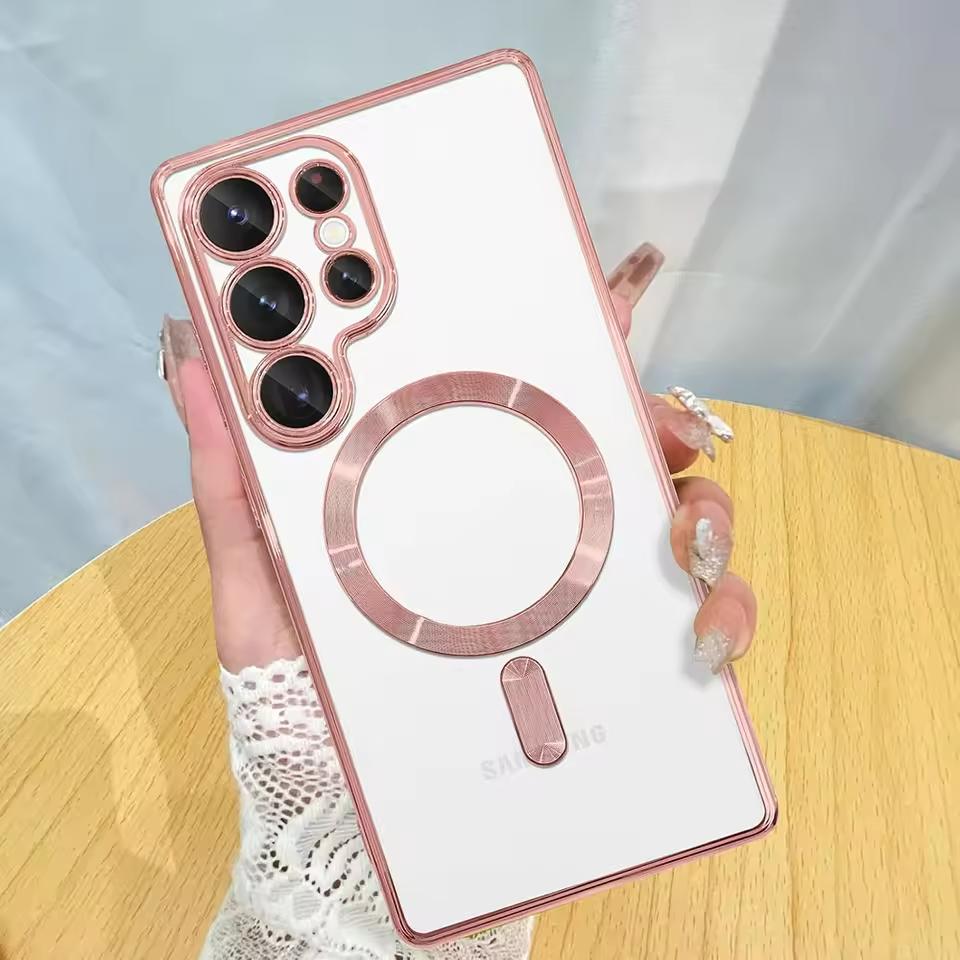 Mocne Magnetyczne Magsafe Przezroczyste Cienkie Etui Dla Samsunga Galaxy S25 S24 S23 S21 FE S22 Ultra Plus Luksusowe Platerowane Silikonowe Miękkie Etui