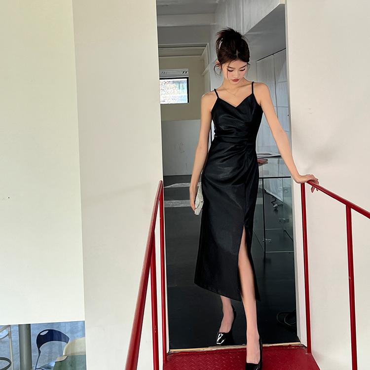 Rochie Midi din piele de primăvară pentru femei Rochie de vară vintage cu bretele spaghete Rochie neagră șic, casual, subțire