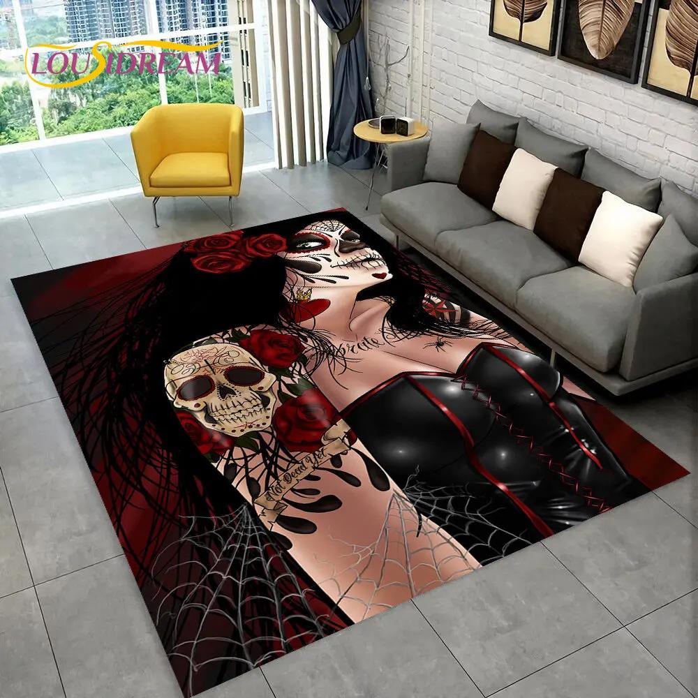 3D Gothic Horror Female Skull Dead Girl Area Rug,Carpet Rug for Home Living Room Bedroom Sofa Doormat Decor,Non-slip Floor Mat