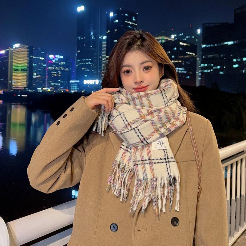 Imitation cashmere scarf women's winter high-end feeling new small fresh plaid thickened warm shawl scarf