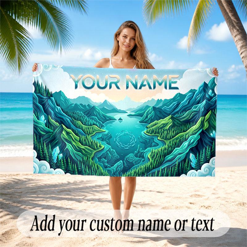 Mountain Landscape Theme Soft Beach Towel Personalized Custom Name Text Towel Portable for Beach Pool Travel