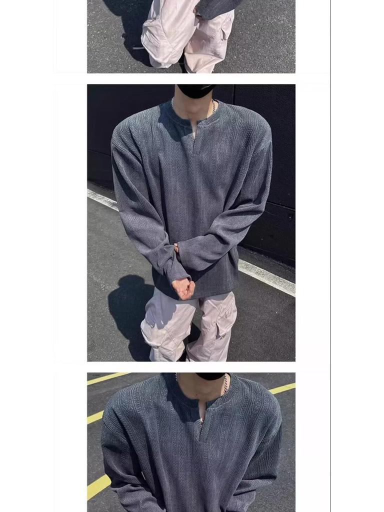 Men's High-End Jacquard Hoodie: Wrinkled Waffle Knit Long Sleeve T-Shirt with Elastic Padded Shoulders
