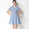 Elegant Lace Embroidery Hollow-out Mini Dress for Women Lapel High Waist A-Line Short Sleeve Single Belt Short Dress Summer