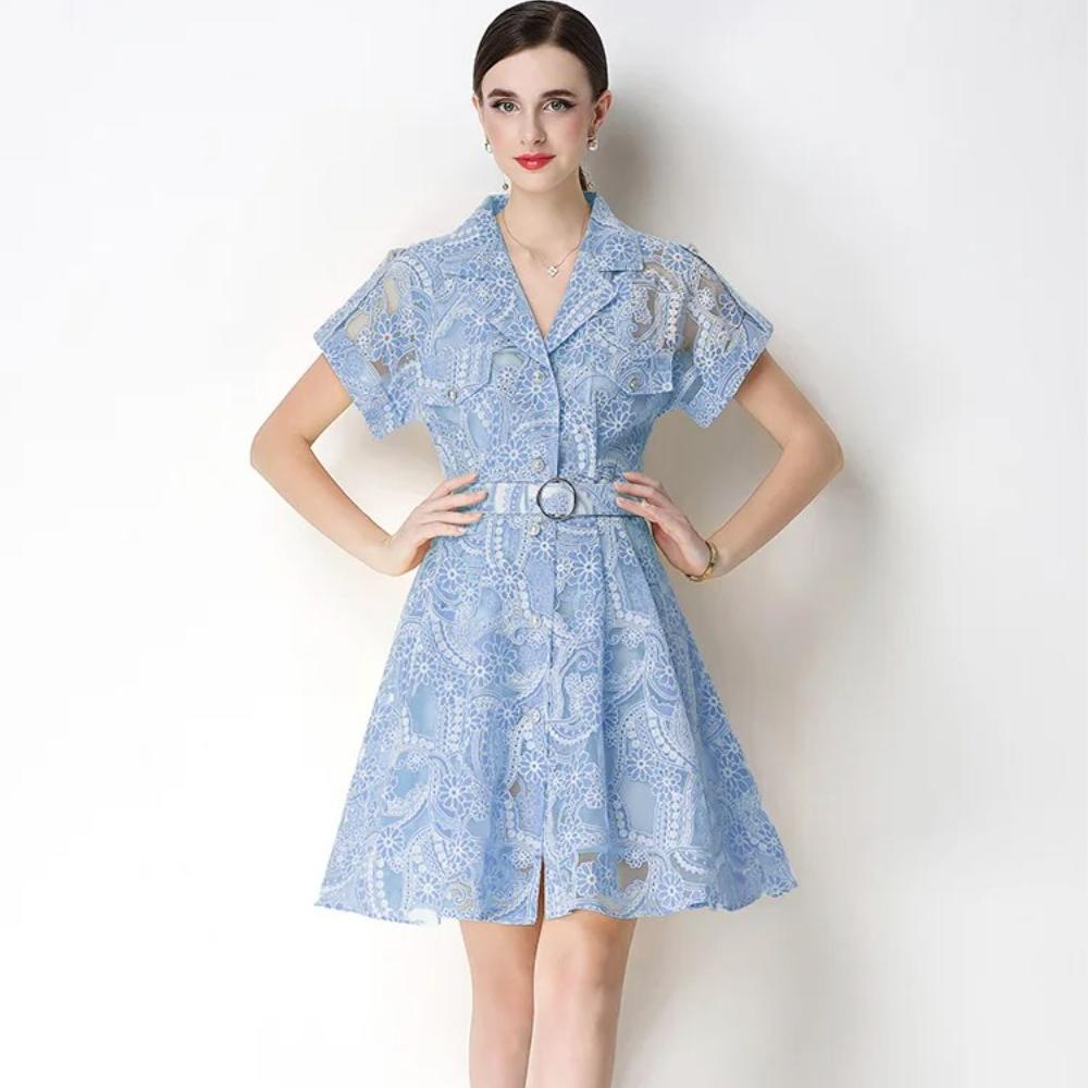 Elegant Lace Embroidery Hollow-out Mini Dress for Women Lapel High Waist A-Line Short Sleeve Single Belt Short Dress Summer