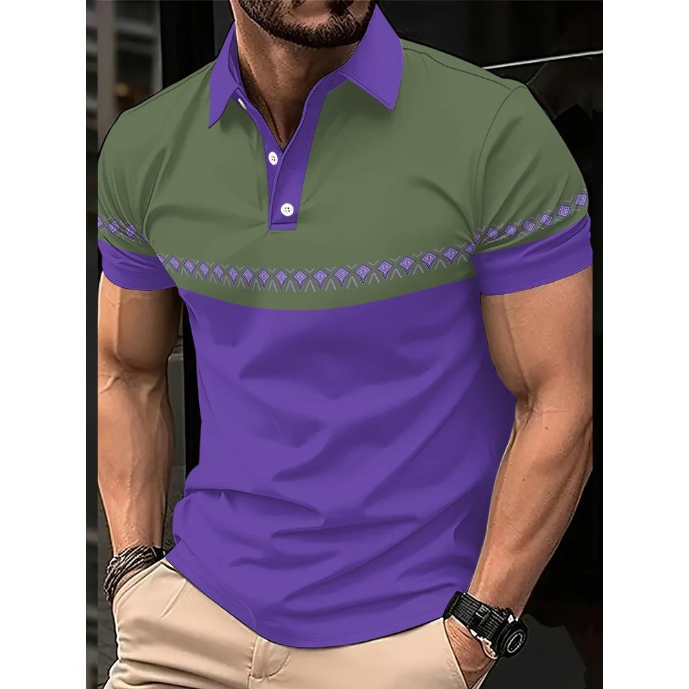 Men's Short Sleeved Polo Shirt 3D Striped Pattern Print