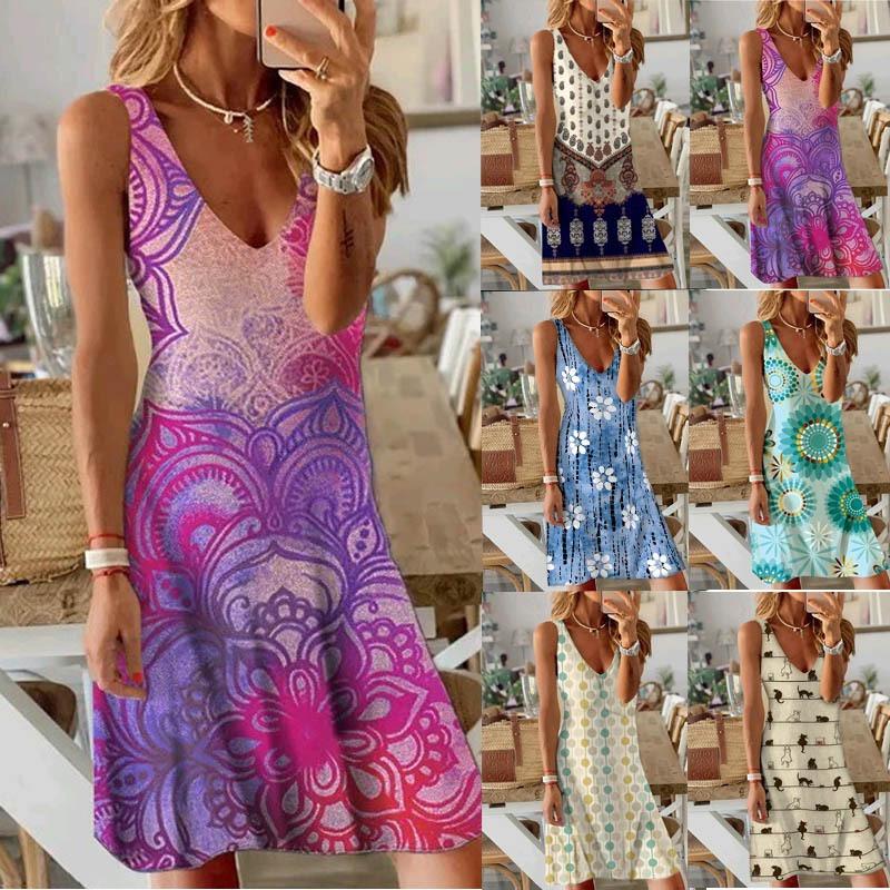 QICED Fashion Summer Spring Sleeveless V-Neck Casual Dresses