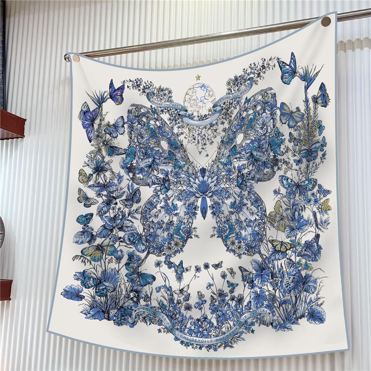 

90cm Butterfly Flowers Brand Square Scarf Women Twill Silk Scarf Shawl Hijab Luxury Bandana Foulard Neckerchief Head Scarf