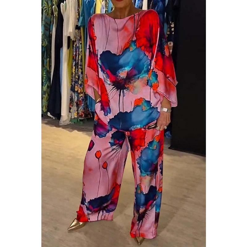 Summer Autumn Elegant One Neck Loose Printed Batwing Sleeve Pants Suit