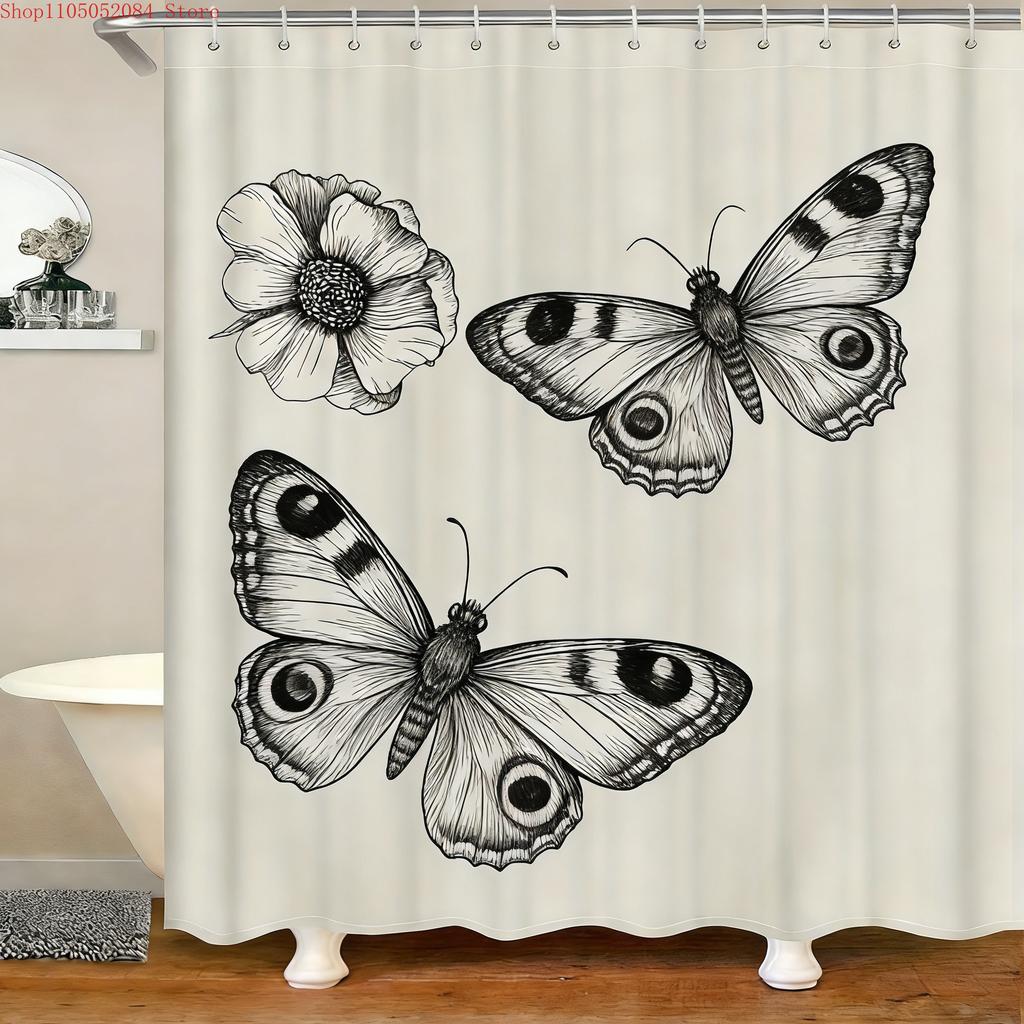 Vintage Moth & Floral Sketch Waterproof Shower Curtain for Bathroom Decor