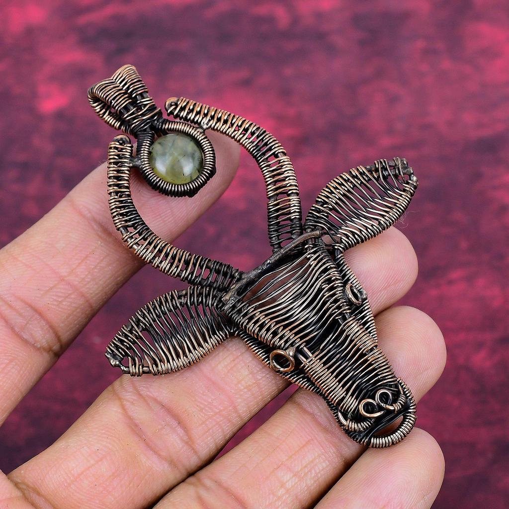 Moss Prehnite Real Gemstone Pendant Copper Wire Wrapped Jewelry Cow Face Pendant