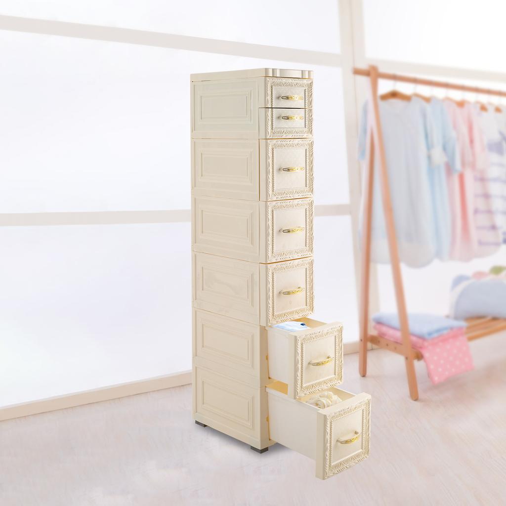 6-Tier Bathroom Floor Cabinet W/ Drawers & Casters, White Vertical Storage Unit, Narrow Tall Slim Storage Tower for Small Spaces