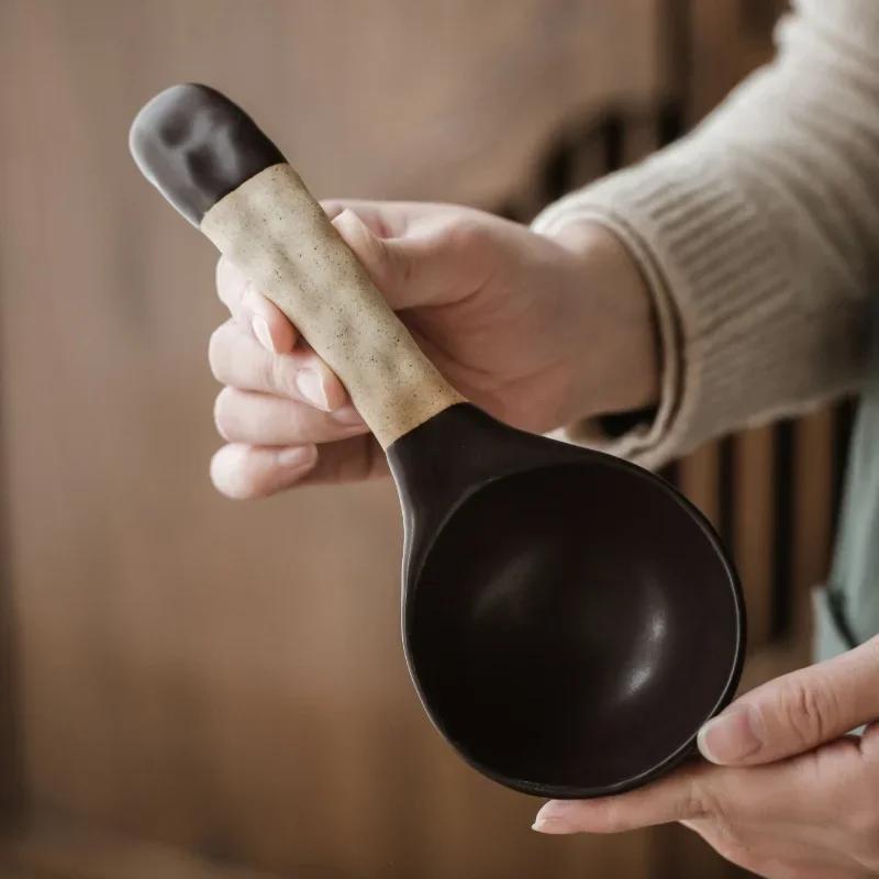 Japanese Creative Handmade Stoneware Large Soup Spoon Simple Household Tableware Ceramic Big Rice Spoons Home Kitchen Supplies